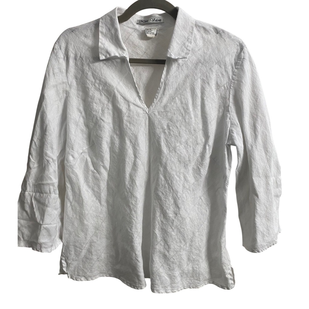 Nikki Valenti Womens‎ White 100% Linen V-Neck 3/4 Sleeve Blouse Top Size 18